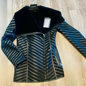 Maximilian Black Shearling Jacket with Leather trim and gold zip